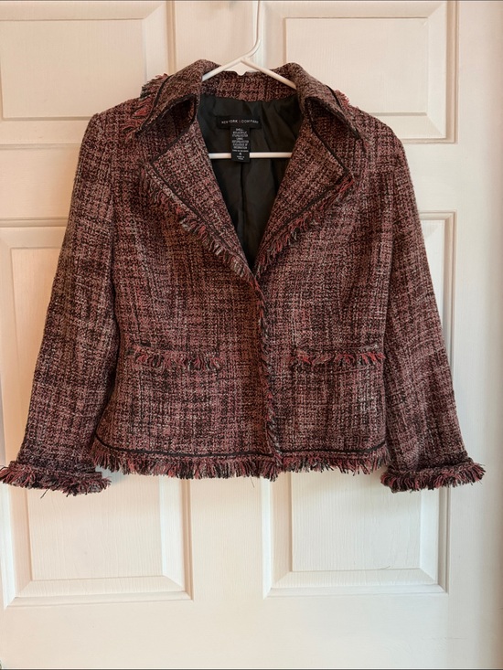 New York & Company Jackets & Blazers - New York & Company Pink Tweed Fringe Trim Blazer